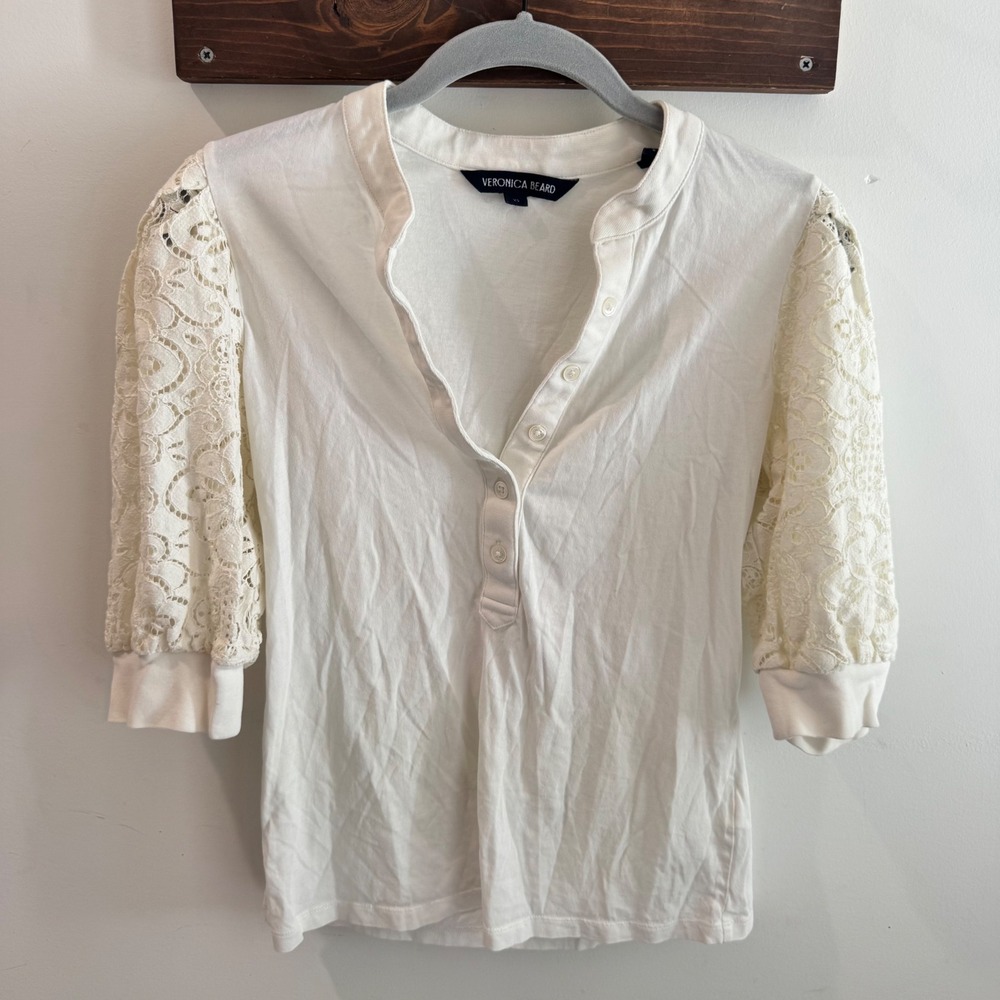 Veronica Beard White Lace Puff Sleeve Henley Top XS